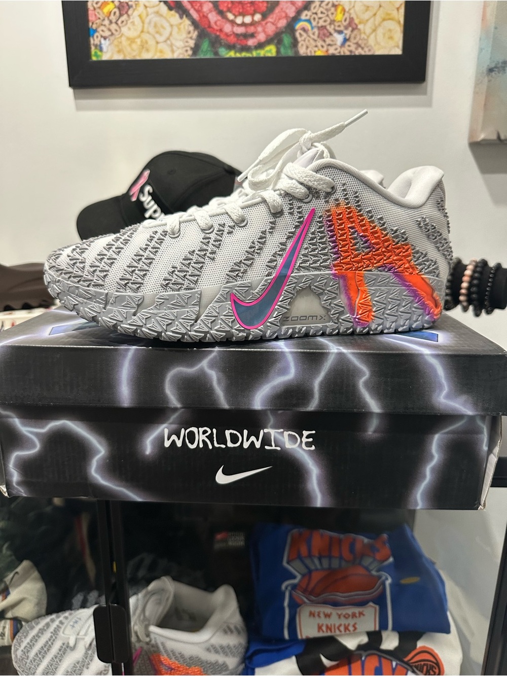 Nike White Sneakers with Pink Swoosh & Orange Graphic basketball sneaker